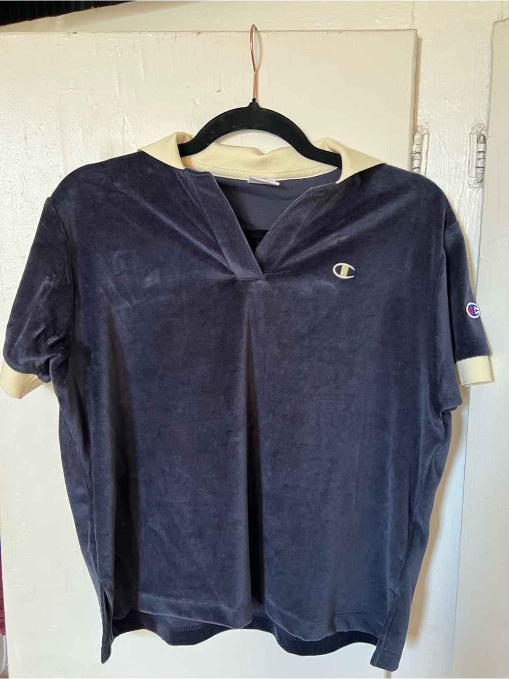 Beams x Champion Women's Navy Velour Short-Sleeve Polo
